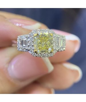 GIA Certified Fancy Yellow 1.39ct Cushion Cut Center Stone 
