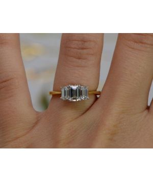 1.50 Carat Emerald Cut Diamond Three Stone Ring in Two Tone 18K Gold