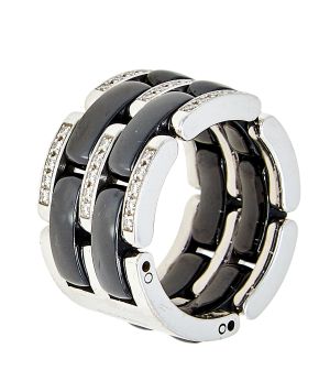 Chanel Ultra Diamond Black Ceramic 18k White Gold Band Ring Size 50