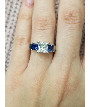 Classic 1.49 Princess cut Diamond & Sapphire Platinum Engagement Ring 