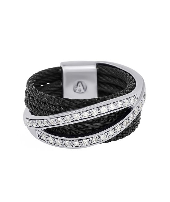 Alor Stainless Steel and 18K White Gold, Diamond 0.27ct. tw. Cable Band Ring Sz. 6.5 02-52-0968-11