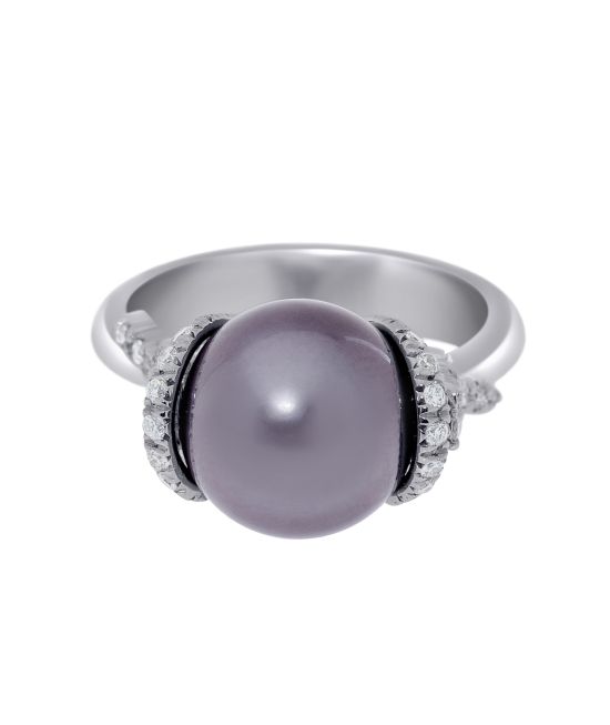 Zydo 18K White Gold, White Diamond 0.57ct. tw. and Pearl 9mm Band Ring sz.
