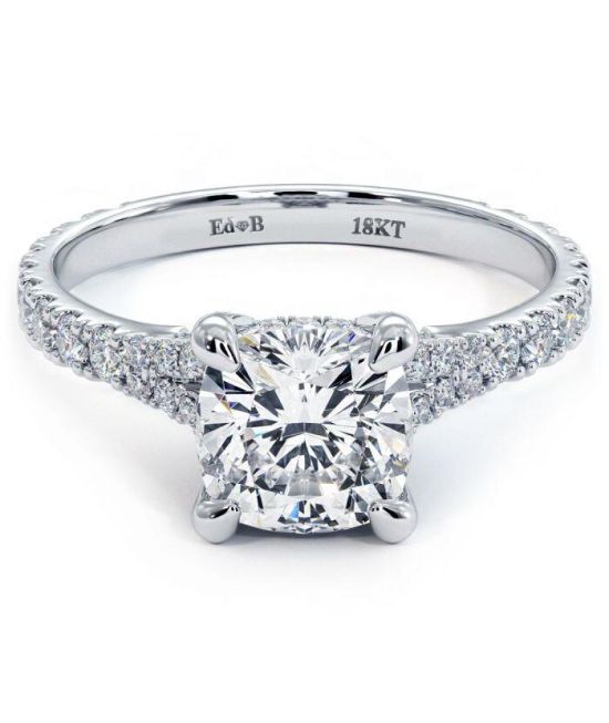 Cushion Cut Micropavé Cathedral Split Shank Diamond Engagement Ring in 18k White Gold