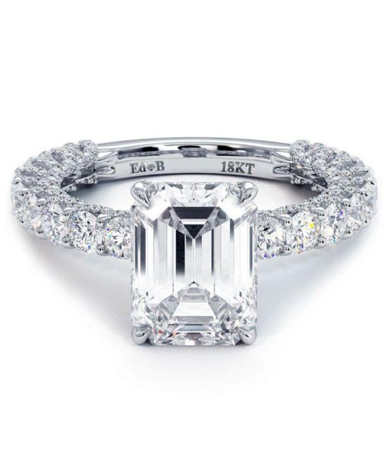 Emerald Cut Hidden Halo Micropavé Diamond Engagement Ring in 18k White Gold