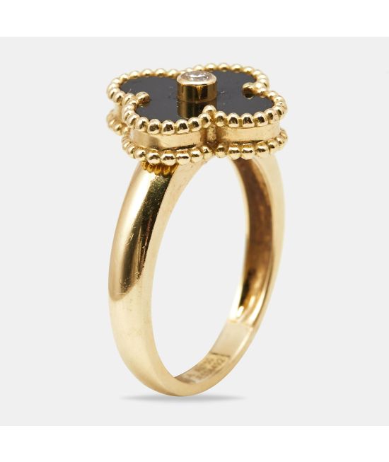 Van Cleef & Arpels Vintage Alhambra Onyx Diamond 18k Yellow Gold Ring Size 57