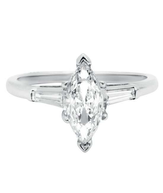 Classic certified 1.00 carat F SI2 marquise ring with .25 baguettes 